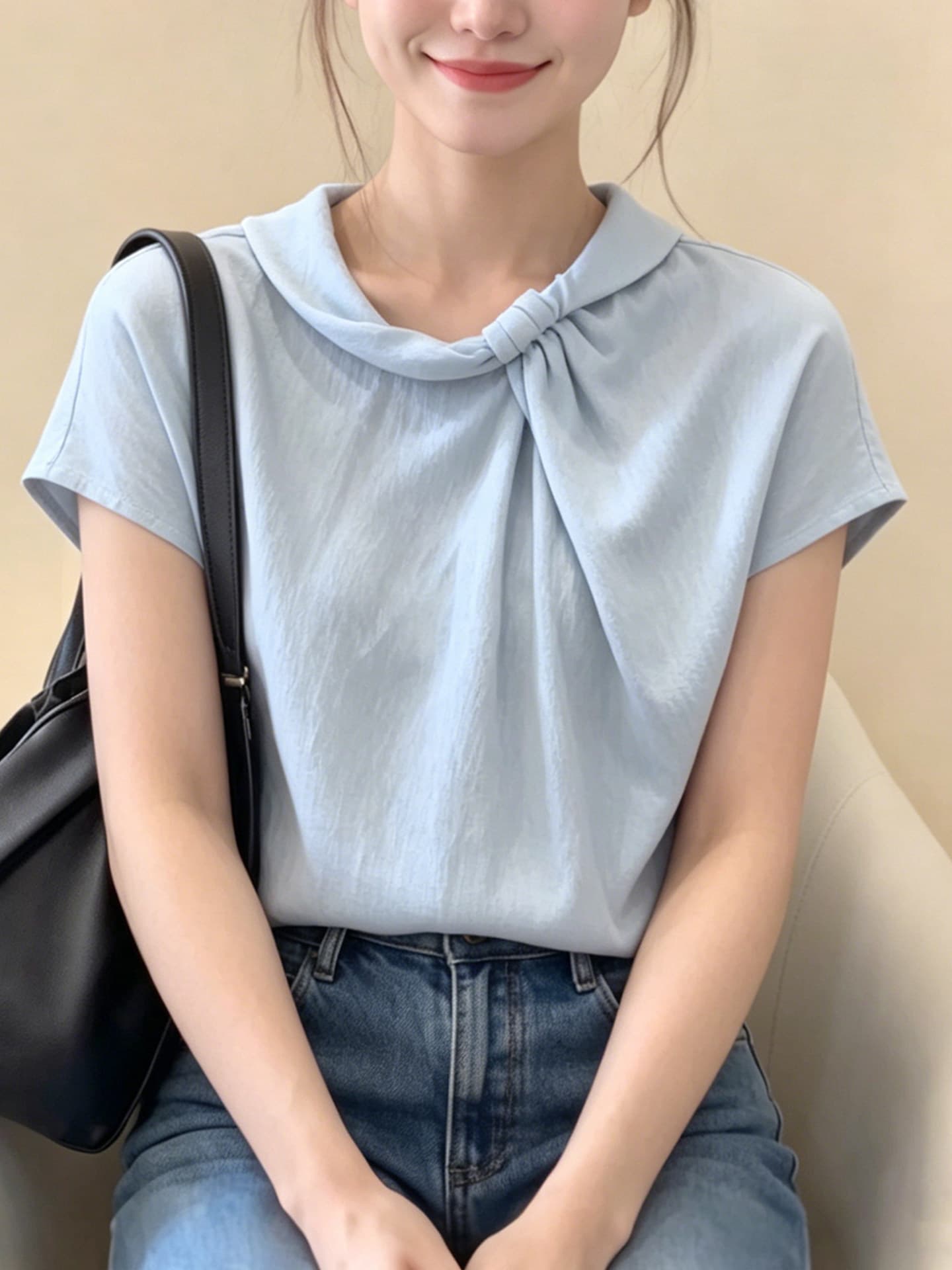 여름 새로운 프랑스식 파란색 스탠드 칼라 주름 반팔 셔츠 여성 자이언트 잘 생긴 디자인 센스 출퇴근 맨위 상세 이미지 6
