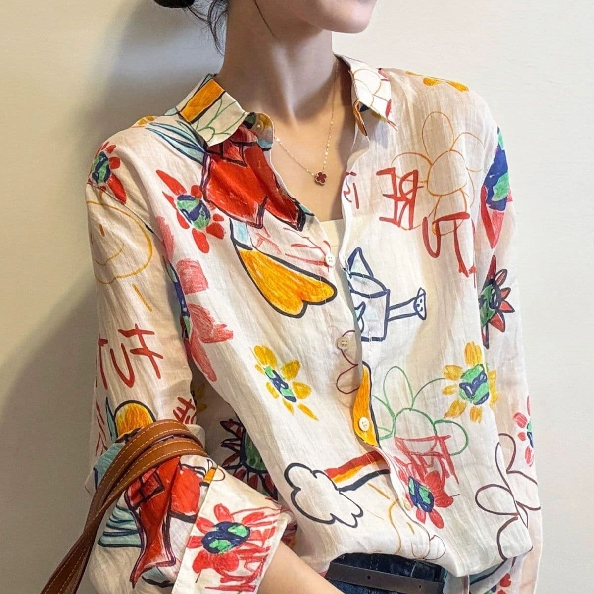 여름 문예 센 부서 라미 프린트 폴로 칼라 통기성 긴팔 여성 셔츠 새로운 루즈핏 부서 버클 자외선 차단 맨위 이미지 3