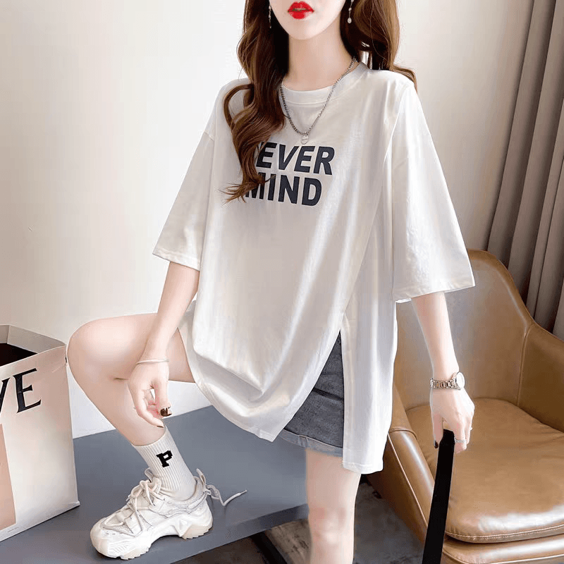 새로운 빅 사이즈 여성 의류 트임 반팔 티셔츠 디자인 센스 작은 불규칙 루즈핏 프린트 맨위