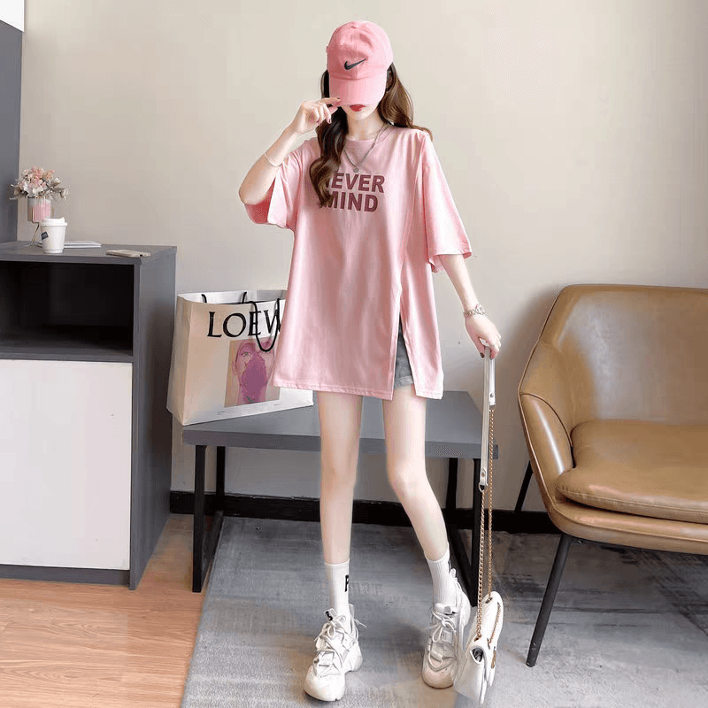 새로운 빅 사이즈 여성 의류 트임 반팔 티셔츠 디자인 센스 작은 불규칙 루즈핏 프린트 맨위 상세 이미지 7