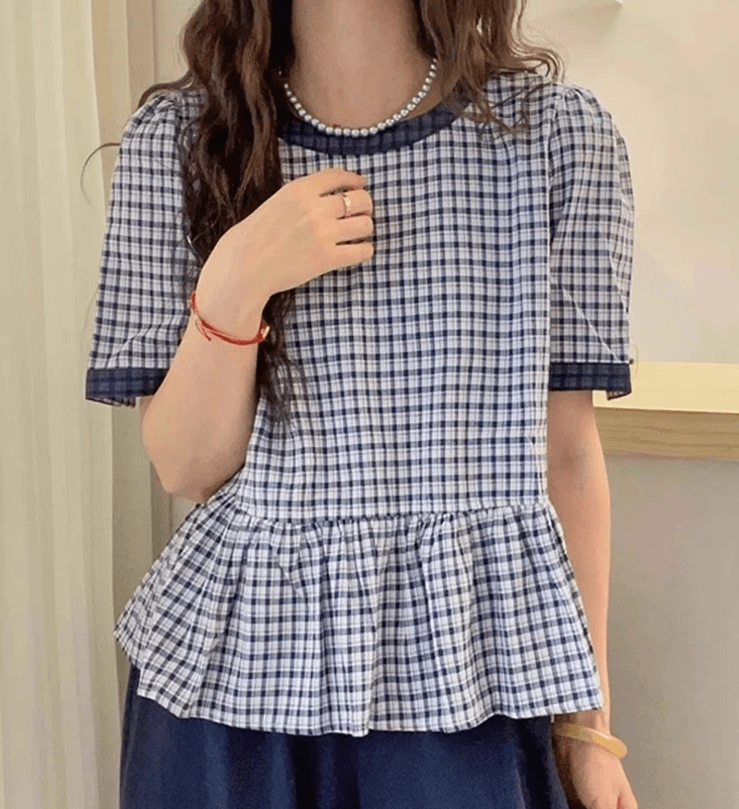 여름 드레스 일본과 한국 빛 럭셔리 연령 감소 라운드 넥 반팔 인형 셔츠 레트로 격자 무늬 셔츠 슈퍼 잘 생긴 치마 작은 셔츠