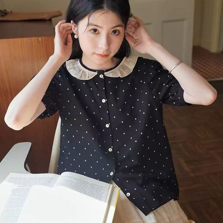 여름 드레스 새로운 레트로 문예 도트 무늬 레이스 칼라 마이크로 거품 소매 배색 반팔 여성 셔츠 이미지 3