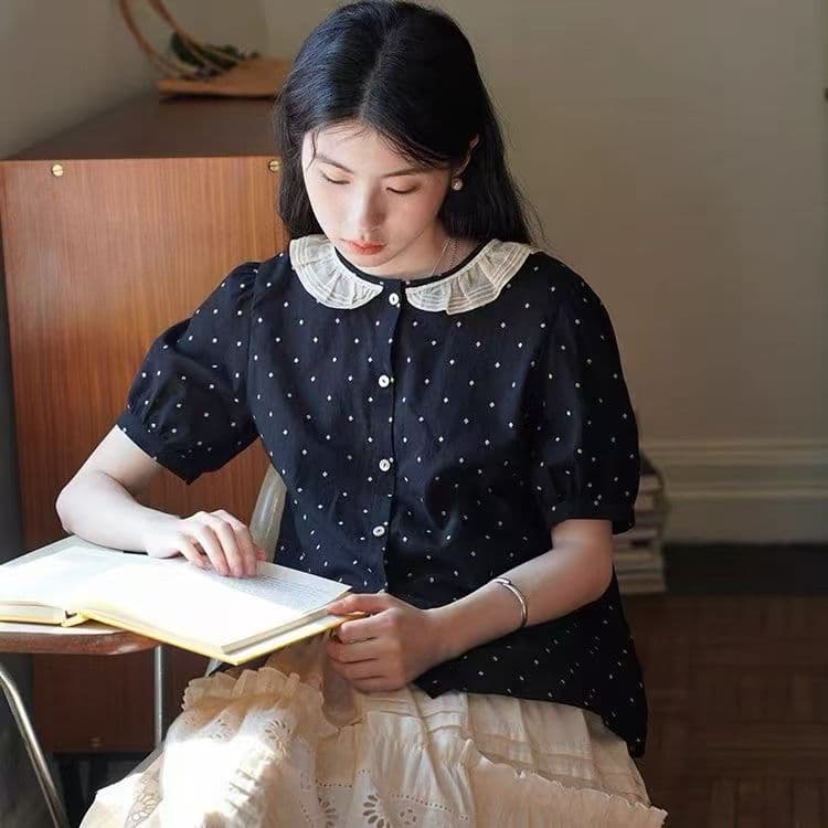 여름 드레스 새로운 레트로 문예 도트 무늬 레이스 칼라 마이크로 거품 소매 배색 반팔 여성 셔츠 상세 이미지 1