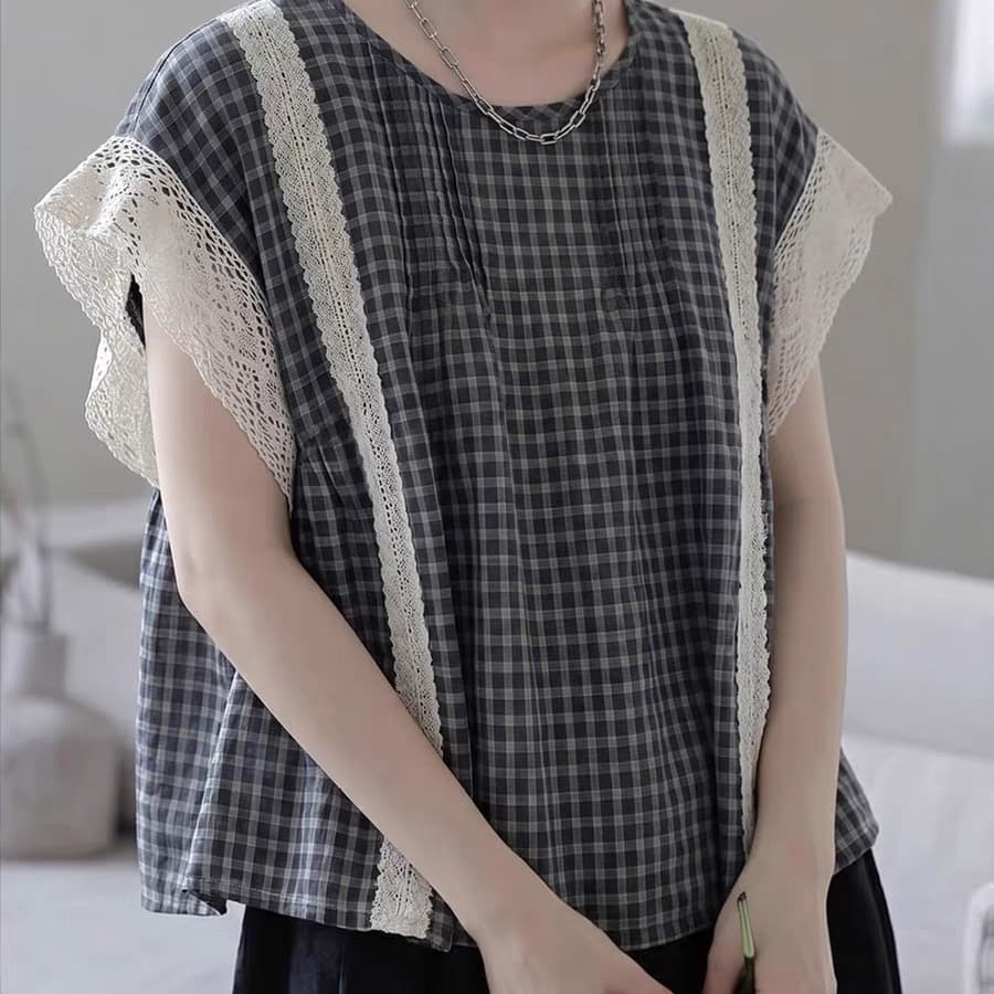 여름 새로운 여성 의류 레이스 조각 격자 무늬 셔츠 고급 센스 착용 잡아라. 의류 이미지 5