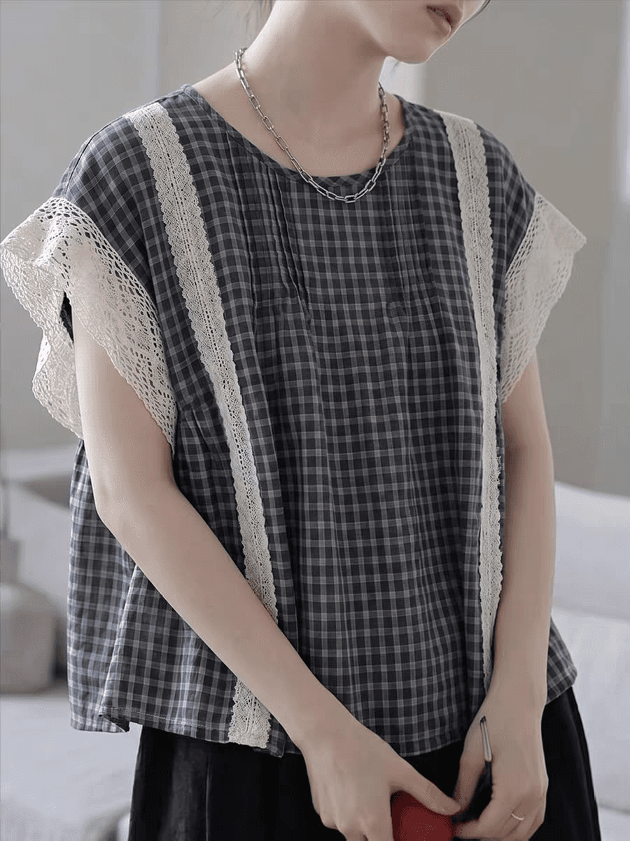 여름 새로운 여성 의류 레이스 조각 격자 무늬 셔츠 고급 센스 착용 잡아라. 의류 상세 이미지 5