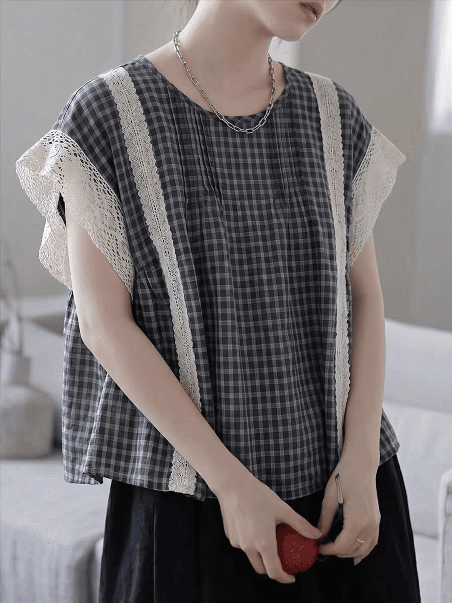 여름 새로운 여성 의류 레이스 조각 격자 무늬 셔츠 고급 센스 착용 잡아라. 의류 상세 이미지 6