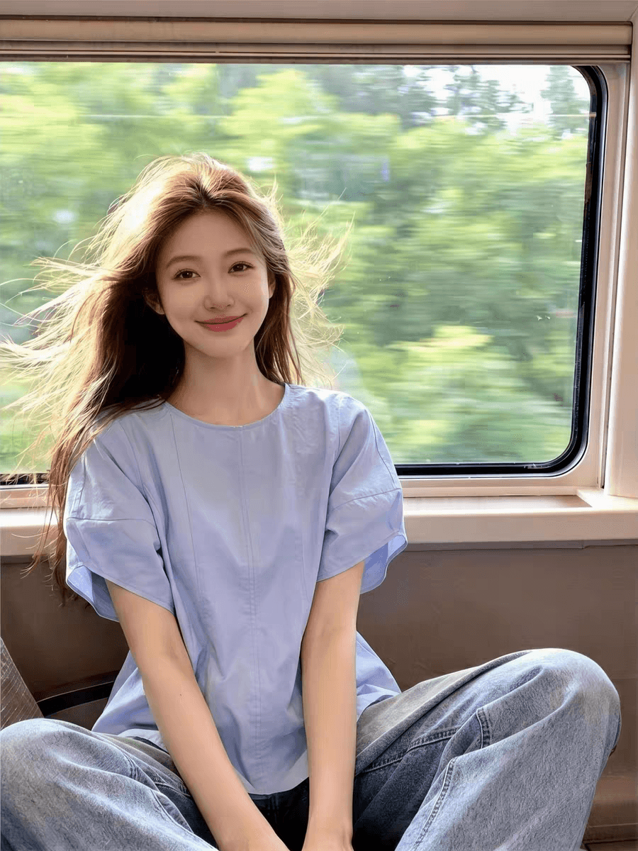 하늘색 질감 라운드 넥 이후 열기 버클 가을 어깨 반팔 루즈핏 여성 셔츠 여름 빅 사이즈 지방 mm 표지 고기 출퇴근 섹션 맨위 이미지 3