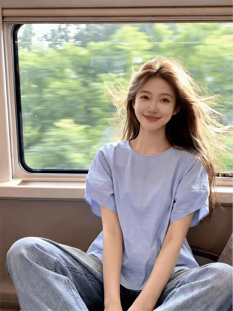 하늘색 질감 라운드 넥 이후 열기 버클 가을 어깨 반팔 루즈핏 여성 셔츠 여름 빅 사이즈 지방 mm 표지 고기 출퇴근 섹션 맨위 상세 이미지 6