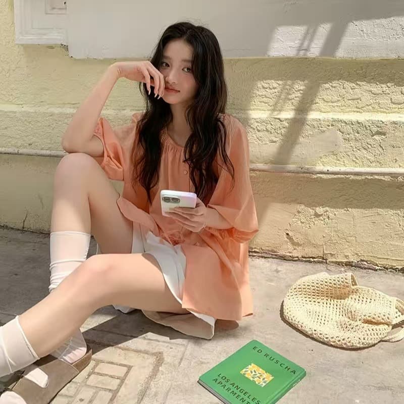 여름 새로운 다용도 주황색 얇고 가벼운 반팔 셔츠 고유 한 아름다운 작은 셔츠 프랑스식 느긋한 느슨함 센스 맨위 이미지 2
