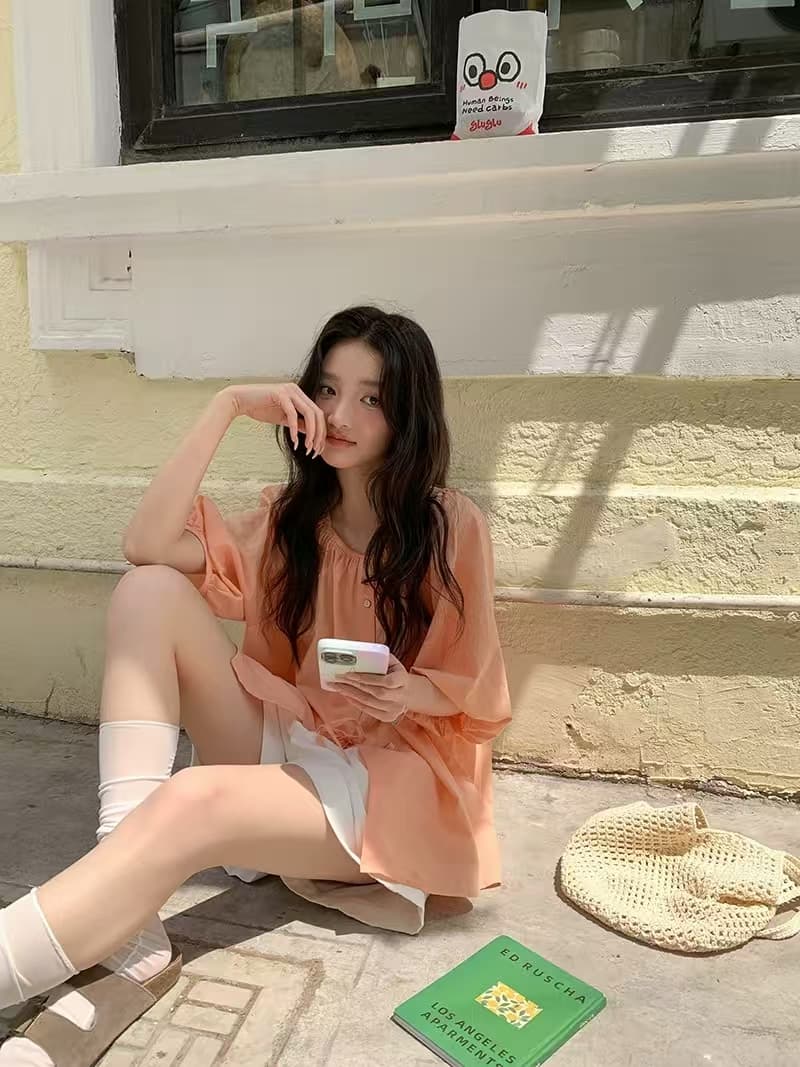 여름 새로운 다용도 주황색 얇고 가벼운 반팔 셔츠 고유 한 아름다운 작은 셔츠 프랑스식 느긋한 느슨함 센스 맨위 상세 이미지 3