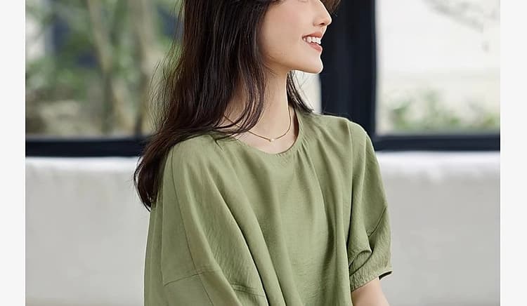 여름 드레스 새로운 단색 가을 어깨 배트윙 소매 셔츠 루즈핏 작은 셔츠 라운드 넥 면 린넨 품격 연령 감소 맨위 상세 이미지 20