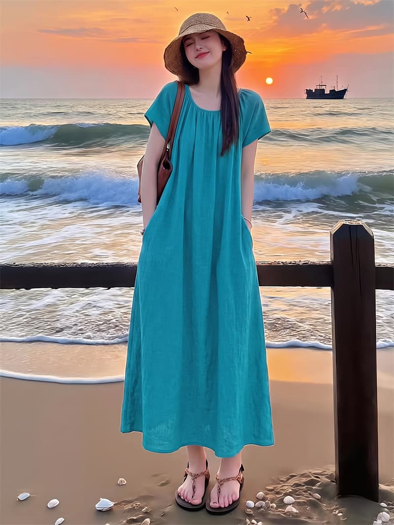 여름 드레스 새로운 프랑스식 절묘한 반팔 느긋한 드레스 빅 사이즈 지방 mm 고급 슬림해 보이는 여행 해변 중간 길이 스커트 이미지 4