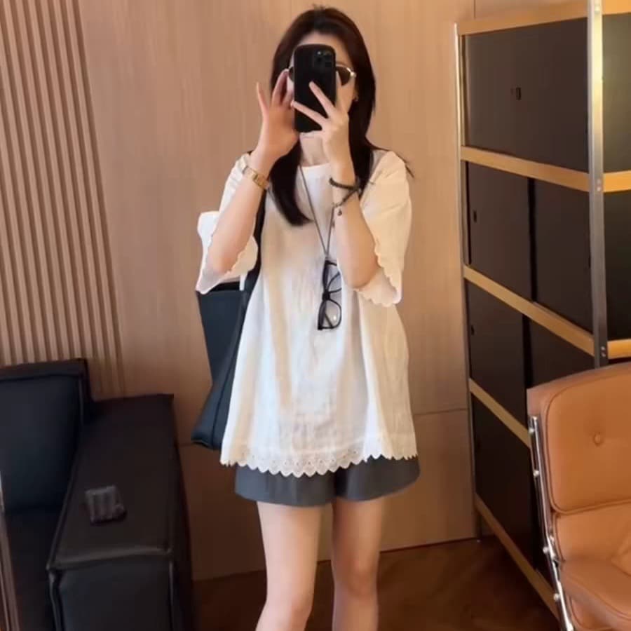 여름 드레스 새로운 빅 사이즈 여성 의류 품격 레이스 레이스 라운드 넥 반팔 티셔츠 루즈핏 맨위 이미지 2