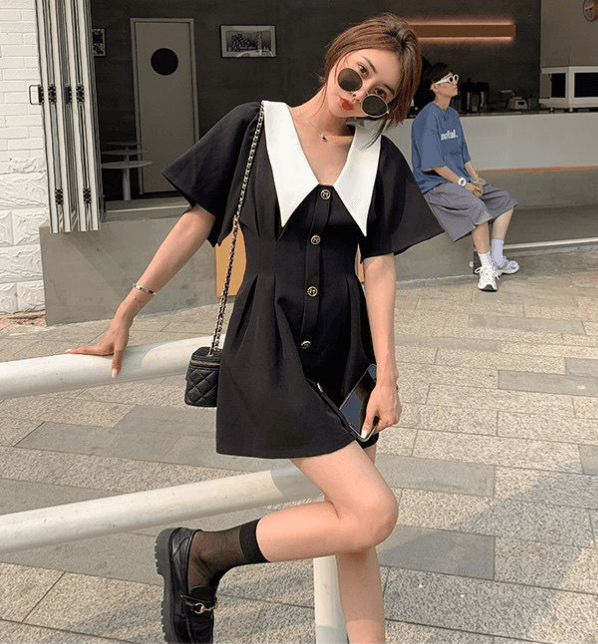 여름 새로운 빅 사이즈 여성 의류 베이비 칼라 검정색 치마 허리 수축 품격 반팔 드레스 이미지 3