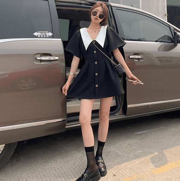 여름 새로운 빅 사이즈 여성 의류 베이비 칼라 검정색 치마 허리 수축 품격 반팔 드레스 이미지 2