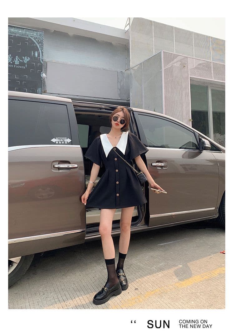 여름 새로운 빅 사이즈 여성 의류 베이비 칼라 검정색 치마 허리 수축 품격 반팔 드레스 상세 이미지 2