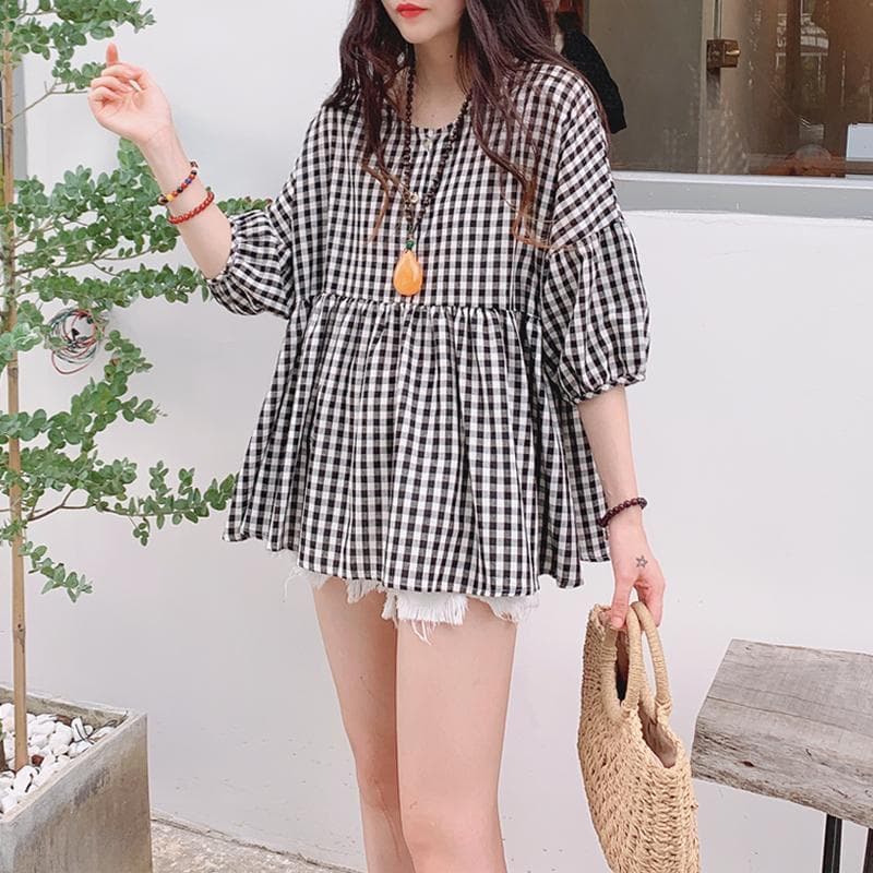 여름 드레스 새로운 인형 셔츠 맨위 한국 스타일 루즈핏 라운드 넥 풀오버 하프 열기 흑인과 백인 체크무늬 면 린넨 여성 셔츠 상세 이미지 3