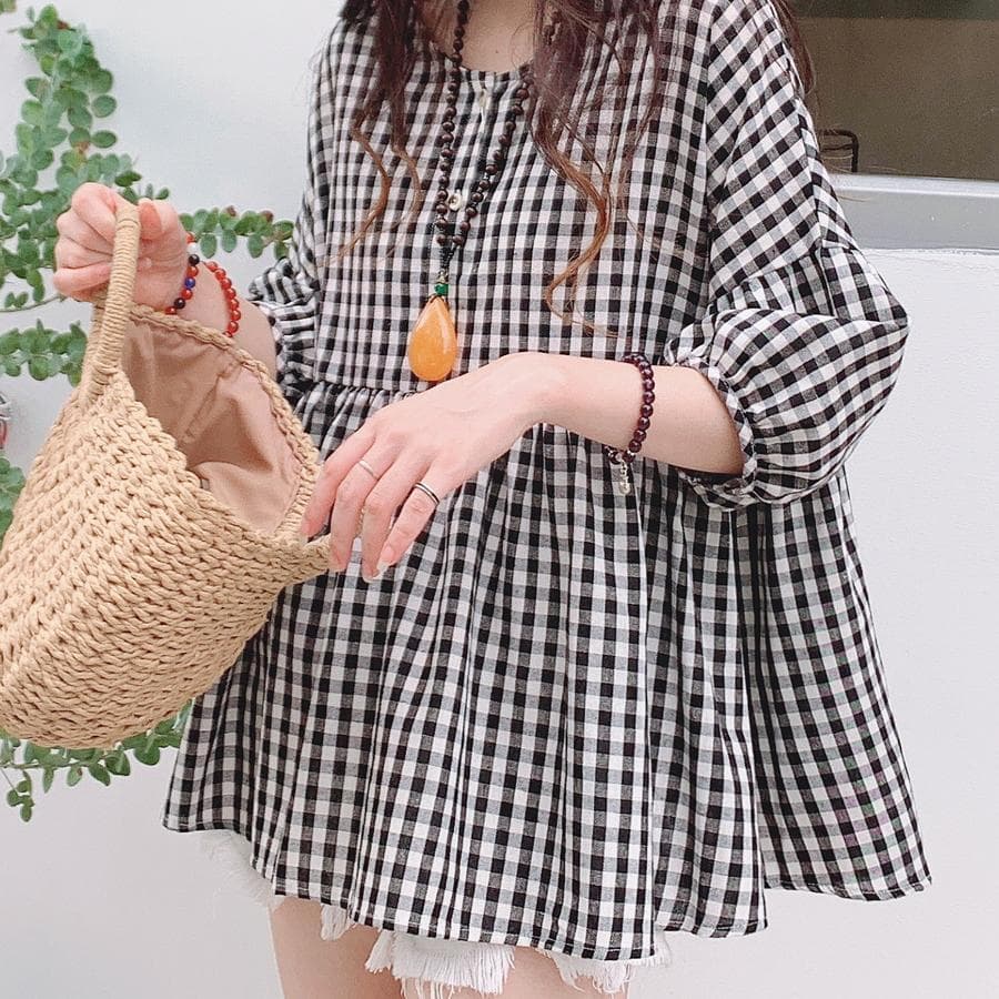 여름 드레스 새로운 인형 셔츠 맨위 한국 스타일 루즈핏 라운드 넥 풀오버 하프 열기 흑인과 백인 체크무늬 면 린넨 여성 셔츠 상세 이미지 10