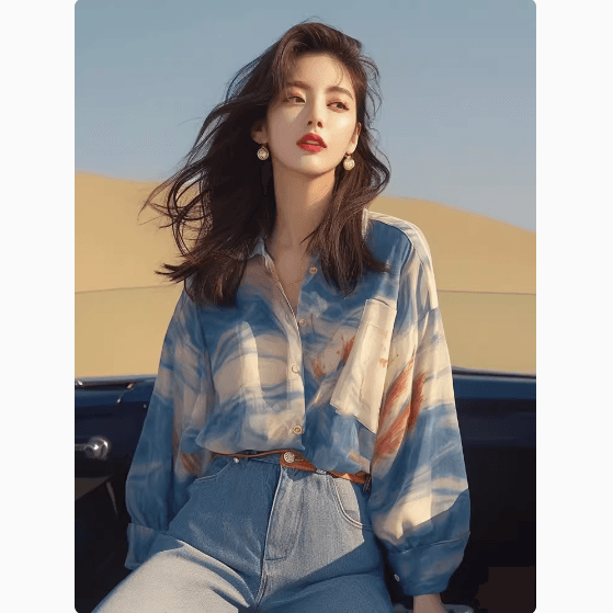 여름 드레스 새로운 프랑스식 고급 센스 도파민 블루 색 후광 염색 긴팔 셔츠 작은 청신 달콤함 디스플레이 화이트 맨위 이미지 3