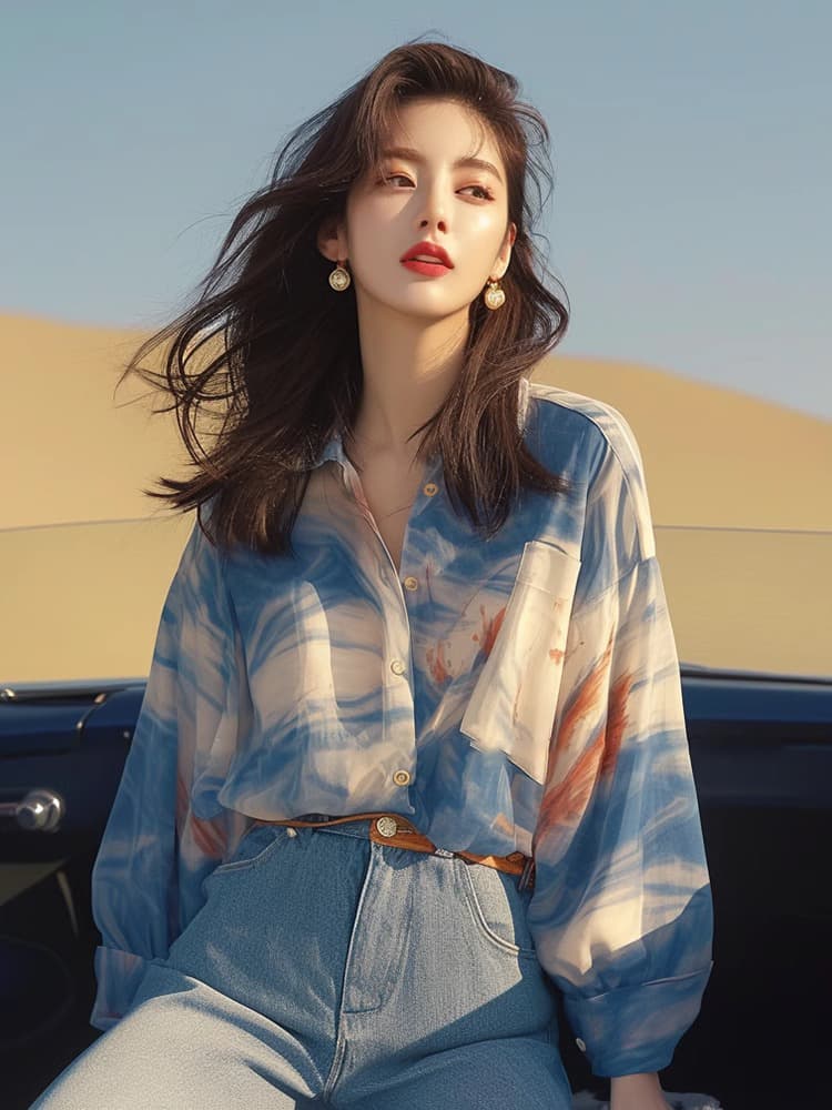 여름 드레스 새로운 프랑스식 고급 센스 도파민 블루 색 후광 염색 긴팔 셔츠 작은 청신 달콤함 디스플레이 화이트 맨위 상세 이미지 4
