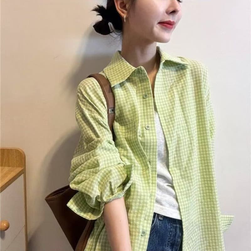 가을 의상 새로운 녹색 초록 초록 배색 체크무늬 자외선 차단 셔츠 빅 사이즈 여성 의류 트렌디 셔츠 맨위 이미지 5