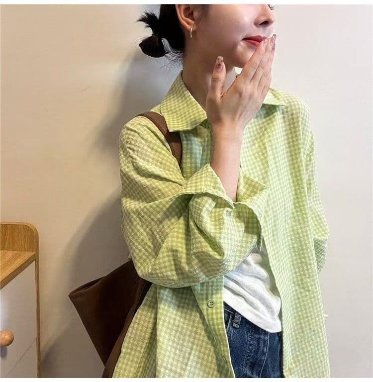 가을 의상 새로운 녹색 초록 초록 배색 체크무늬 자외선 차단 셔츠 빅 사이즈 여성 의류 트렌디 셔츠 맨위 상세 이미지 8