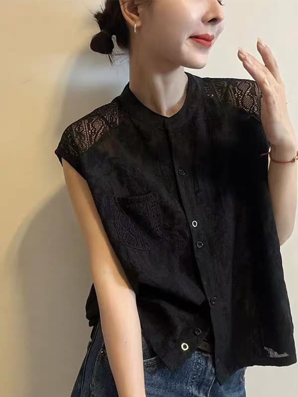 여름 드레스 새로운 중식 레이스 자수 자수 라운드 넥 레트로 조끼 베스트 홀로우 아웃 맨위 여성 상세 이미지 4