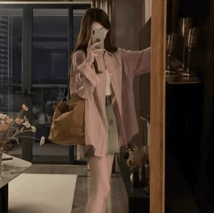 가을 의상 새로운 빅 사이즈 여성 의류 chic 핑크색 스트라이프 셔츠 느긋한 바람 자외선 차단 셔츠 이미지 3