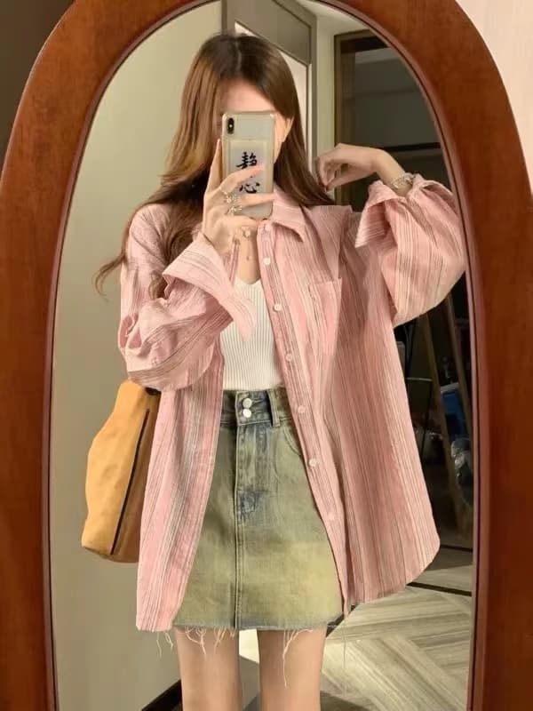 가을 의상 새로운 빅 사이즈 여성 의류 chic 핑크색 스트라이프 셔츠 느긋한 바람 자외선 차단 셔츠 상세 이미지 2