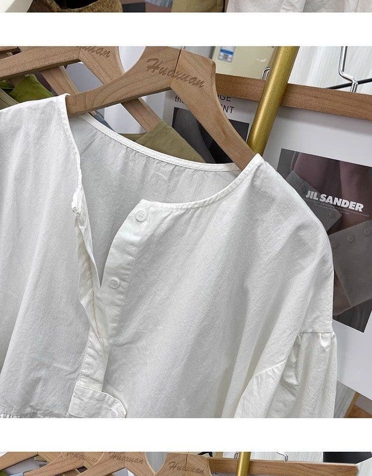 가을 의상 새로운 빅 사이즈 여성 의류 디자인 순면 벌룬 소매 긴팔 여성 셔츠 인형 루즈핏 슬림해 보이는 맨위 셔츠 상세 이미지 12