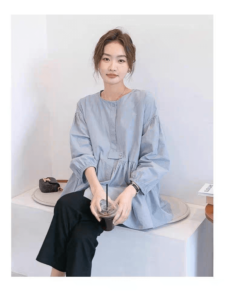 가을 의상 새로운 빅 사이즈 여성 의류 디자인 순면 벌룬 소매 긴팔 여성 셔츠 인형 루즈핏 슬림해 보이는 맨위 셔츠 상세 이미지 6