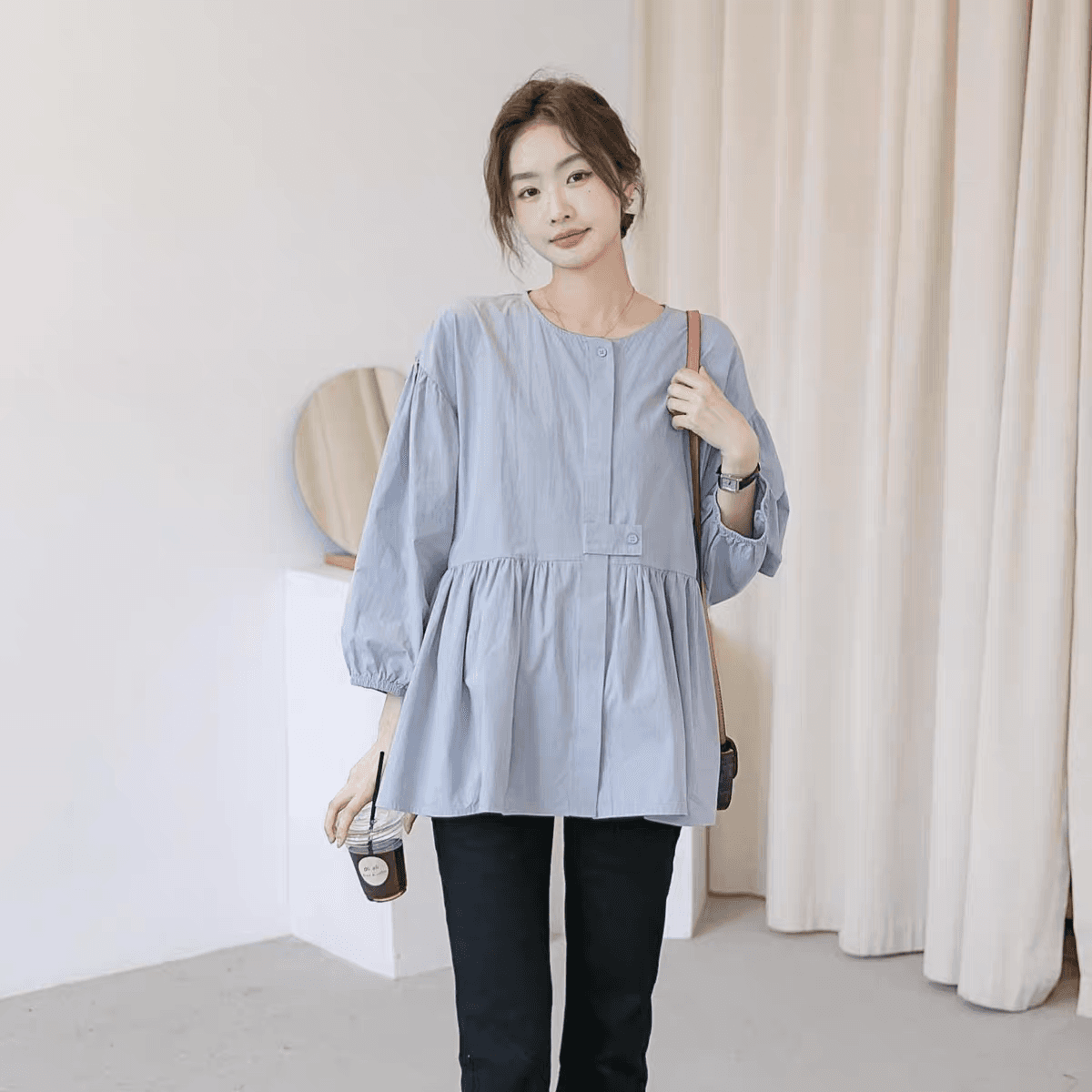 가을 의상 새로운 빅 사이즈 여성 의류 디자인 순면 벌룬 소매 긴팔 여성 셔츠 인형 루즈핏 슬림해 보이는 맨위 셔츠 상세 이미지 8