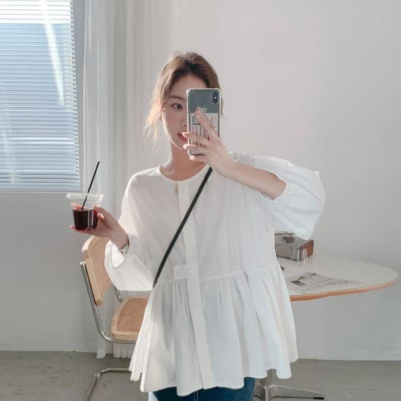 가을 의상 새로운 빅 사이즈 여성 의류 디자인 순면 벌룬 소매 긴팔 여성 셔츠 인형 루즈핏 슬림해 보이는 맨위 셔츠 상세 이미지 11