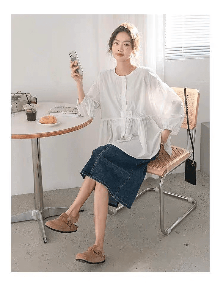 가을 의상 새로운 빅 사이즈 여성 의류 디자인 순면 벌룬 소매 긴팔 여성 셔츠 인형 루즈핏 슬림해 보이는 맨위 셔츠 상세 이미지 14