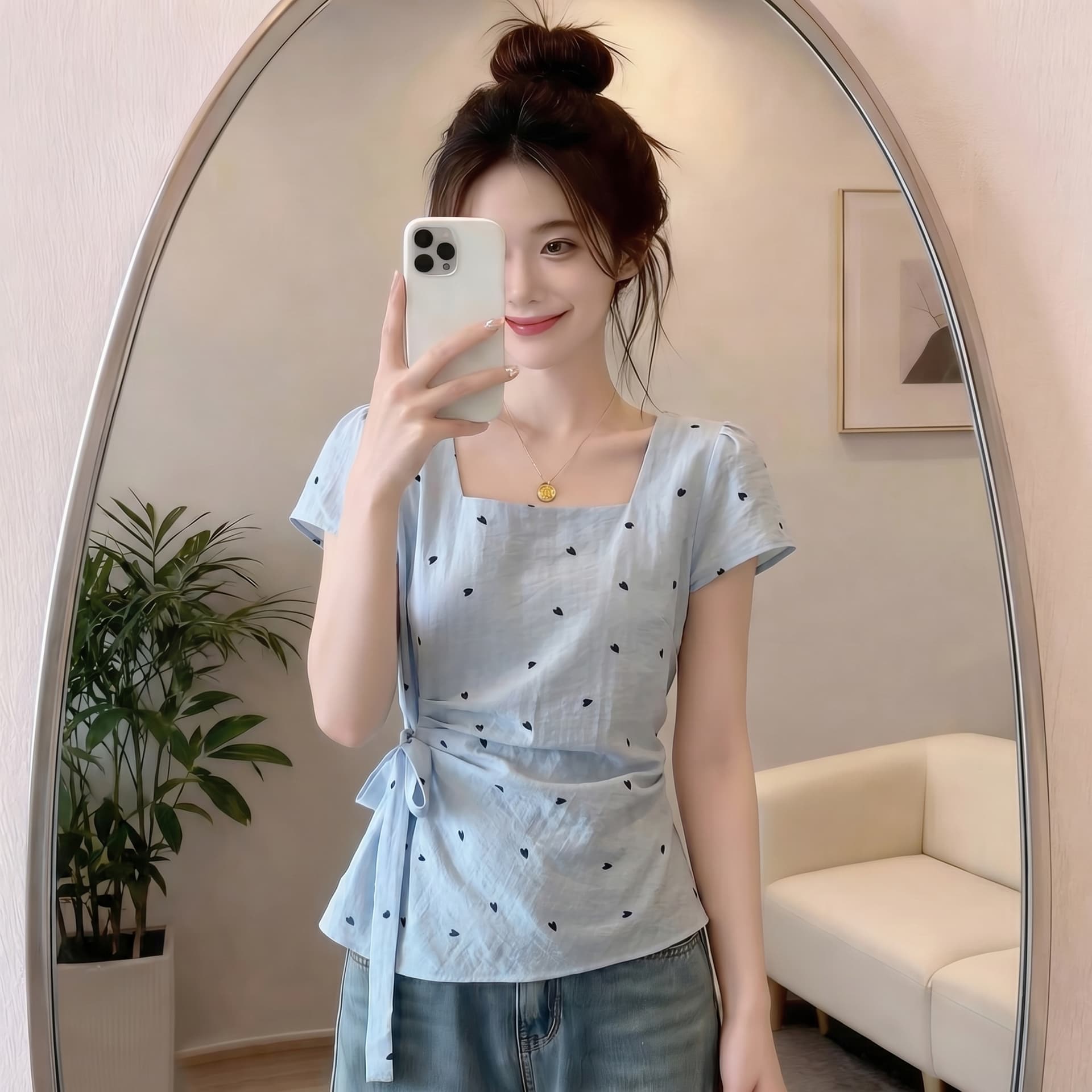 여름 새로운 하늘색 광장 칼라 긍정적 인 어깨 반팔 여성 셔츠 지방 mm 연령 감소 작은 셔츠 스트랩 허리 수축 맨위 이미지 2