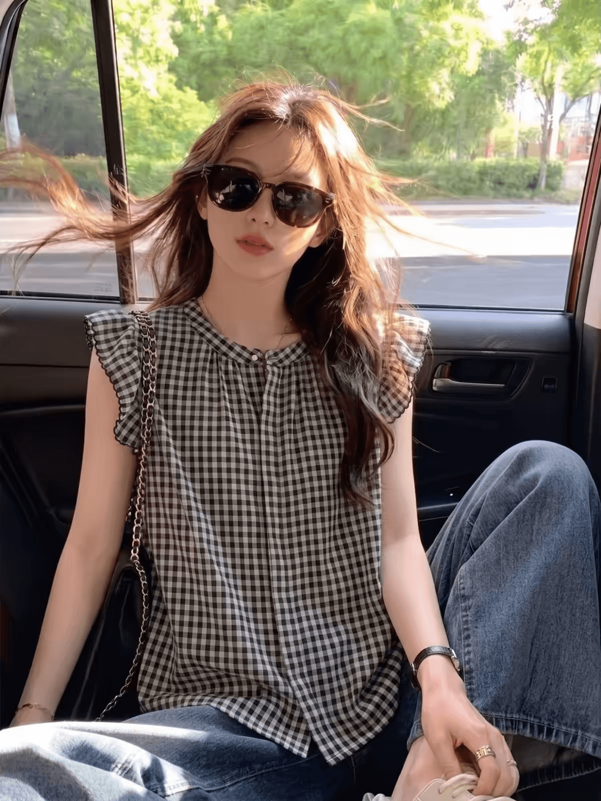 여름 달콤함 연령 감소 Feifei 소매 체크무늬 셔츠 슬림해 보이는 다용도 쉬폰 셔츠 캐주얼 미니멀리즘 맨위 여성 상세 이미지 6