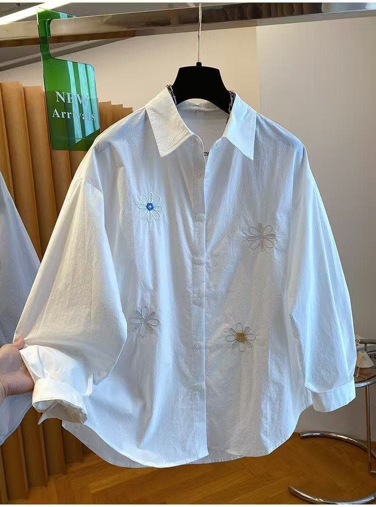 가을 의상 새로운 빅 사이즈 고급 센스 빛 럭셔리 파란색 꽃 자수 셔츠 루즈핏 고유 한 슈퍼 잘 생긴 셔츠 트렌디 상세 이미지 11