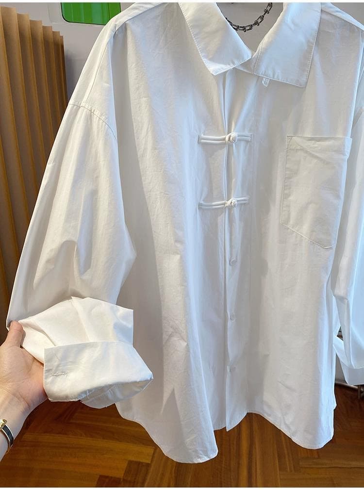 가을 의상 새로운 작은 대중 레트로 새로운 중식 빛 국풍 단추 긴팔 여성 셔츠 인사이드 가져 가라. 기본 셔츠 맨위 상세 이미지 8