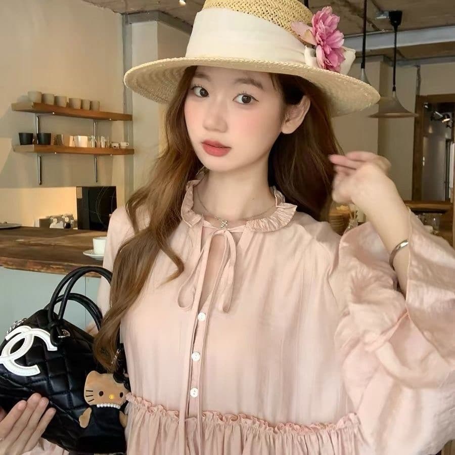 가을 의상 새로운 품격 다용도 슬림해 보이는 셔츠 달콤함 프릴 요정 한 마디 진자 루즈핏 인형 셔츠 맨위 상세 이미지 3