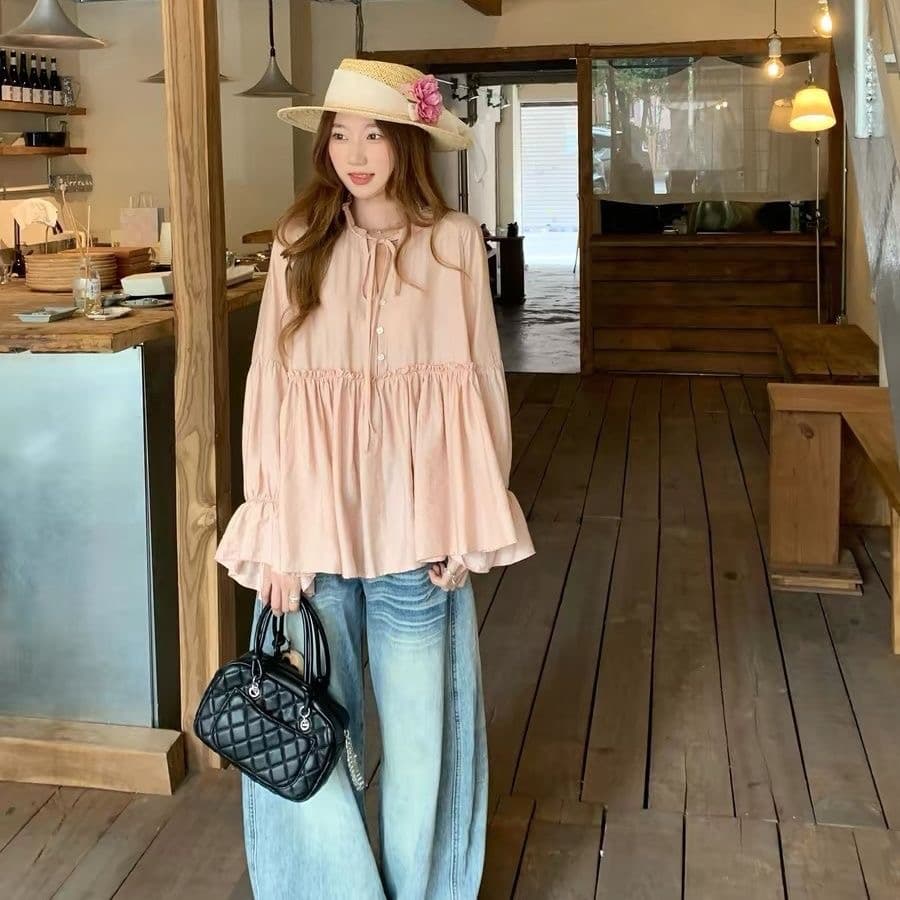 가을 의상 새로운 품격 다용도 슬림해 보이는 셔츠 달콤함 프릴 요정 한 마디 진자 루즈핏 인형 셔츠 맨위 상세 이미지 4