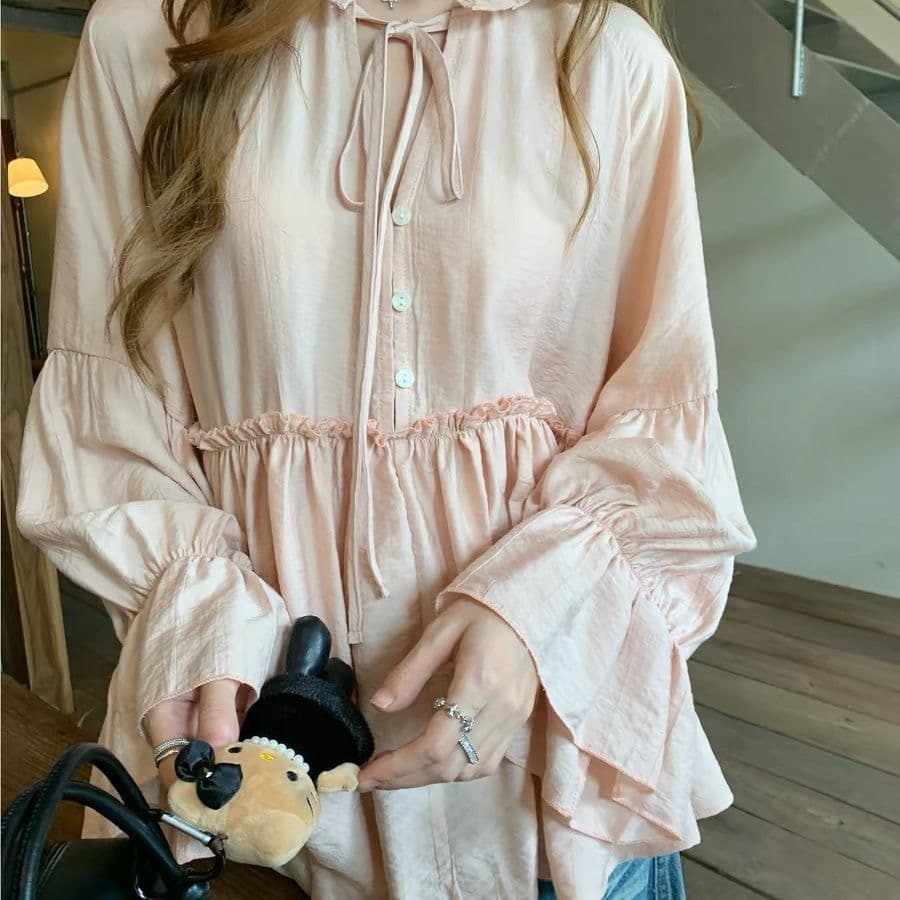 가을 의상 새로운 품격 다용도 슬림해 보이는 셔츠 달콤함 프릴 요정 한 마디 진자 루즈핏 인형 셔츠 맨위 상세 이미지 6