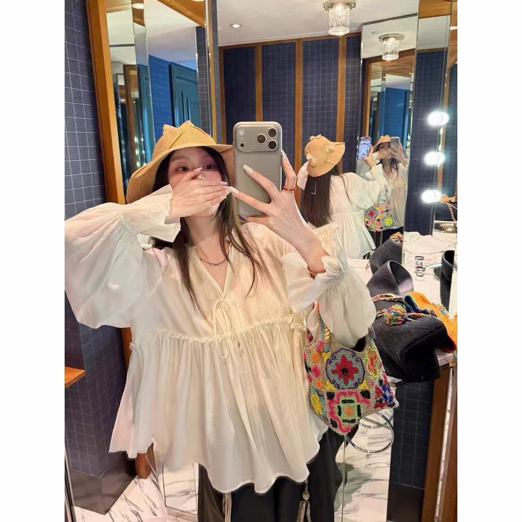 가을 의상 새로운 품격 다용도 슬림해 보이는 셔츠 달콤함 프릴 요정 한 마디 진자 루즈핏 인형 셔츠 맨위 상세 이미지 12