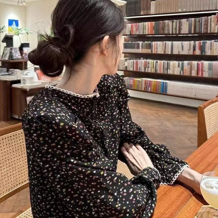 가을 의상 새로운 프랑스식 고급 센스 연령 감소 외국 가스 고유 한 Chic 아름다운 검정색 꽃무늬 셔츠 맨위 여성 상세 이미지 2