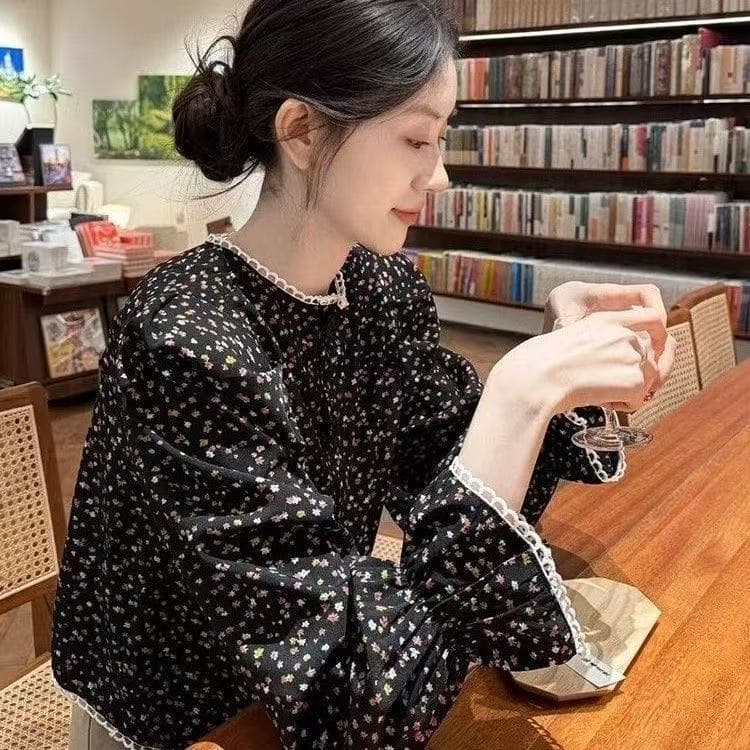 가을 의상 새로운 프랑스식 고급 센스 연령 감소 외국 가스 고유 한 Chic 아름다운 검정색 꽃무늬 셔츠 맨위 여성 상세 이미지 6