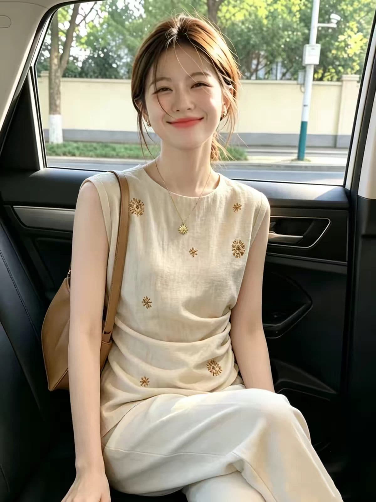 여름 새로운 빛 요리 한 바람 꽃 자수 민소매 조끼 여성 베이지 색 허리 수축 오래된 돈 바람 빅 사이즈 맨위 상세 이미지 6