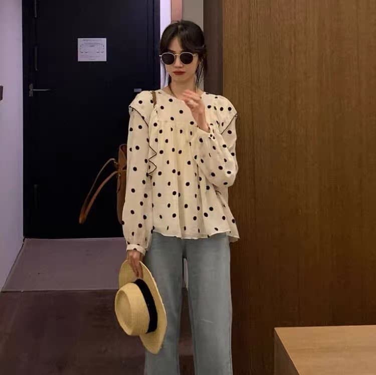 가을 의상 새로운 달콤함 Chic 프릴 도트 무늬 여성 셔츠 외출용 디자인 센스 작은 대중 슬림해 보이는 작은 셔츠 긴팔 상세 이미지 7