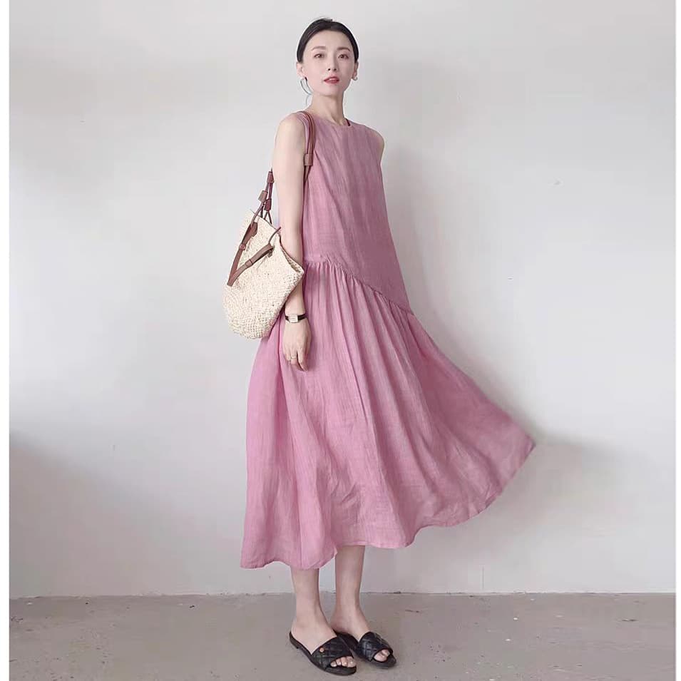 여름 새로운 면 린넨 여성 드레스 문예 팬 빅 사이즈 루즈핏 통기성 민소매 단색 아마 치마 이미지 3