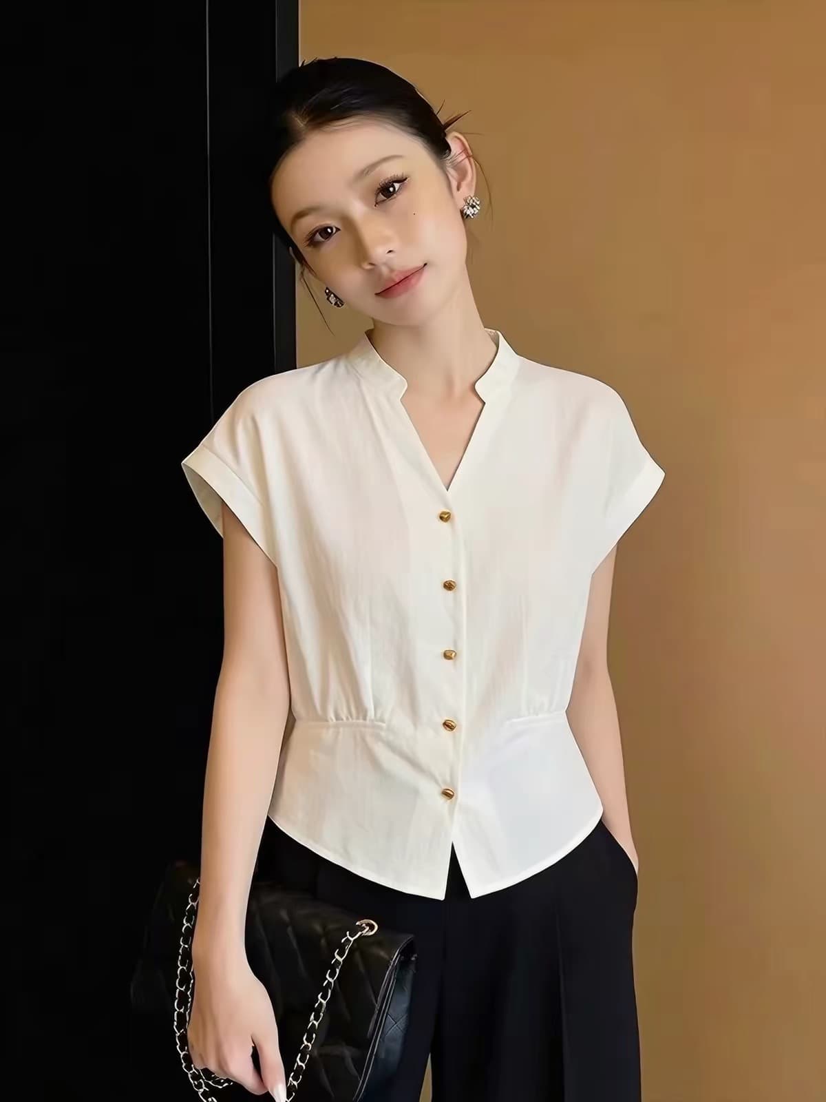 여름 드레스 새로운 여성 셔츠 등 허리 밴딩 디자인 몸매 가꾸기 Feifei 소매 셔츠 상세 이미지 6