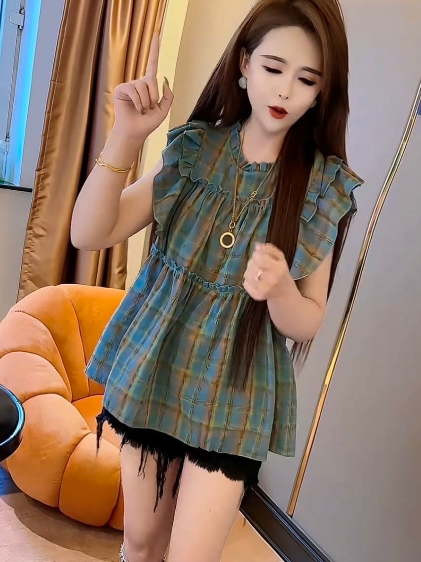 체크무늬 Feifei 소매 셔츠 여름 새로운 달콤함 루즈핏 맨위 디자인 센스 프릴 여성 인형 셔츠 상세 이미지 3