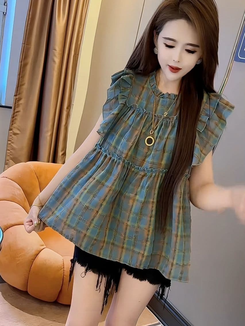 체크무늬 Feifei 소매 셔츠 여름 새로운 달콤함 루즈핏 맨위 디자인 센스 프릴 여성 인형 셔츠 상세 이미지 4